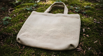 Eco Friendly Reusable Canvas Tote Bag lying on the grass in a natural outdoor setting for shopping storage eco conscious lifestyle and sustainable fashion concepts