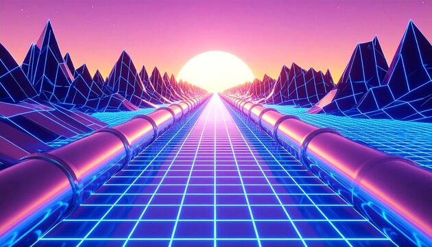 Synthwave landscape with a gridded road and pipes leading to a sunset