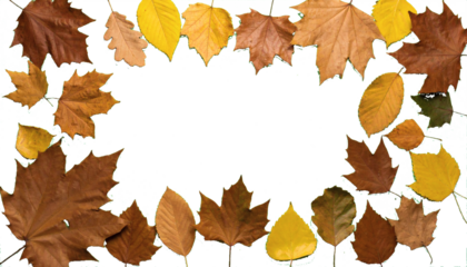 A detailed image showcasing a collection of colorful autumn leaves arranged in a decorative border.