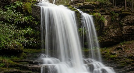 Obraz premium Ethereal Veil of Water Cascading Over Mossy Rocks in a Serene Forest Sanctuary