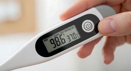 Person holding digital thermometer displaying normal body temperature 98.6°F 37.0°C for health check