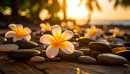 Fototapeta premium Close Up Of White And Yellow Flowers On Wooden Surface With Smooth Stones And Sunlight