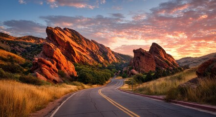 Denver Road. Scenic Landscape with Red Rocks at Sunrise near Denver, Colorado