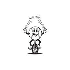 Vector art of cartoon baseball character juggling bats while riding a unicycle