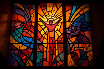 Vibrant stained glass window art of a person rising from darkness into light, filled with colorful patterns, spiritual symbolism, and inspiring shapes of growth, hope,glass art