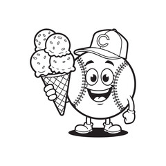Vector art of a cheerful cartoon baseball character wearing a cap and holding a large ice cream cone with multiple scoops