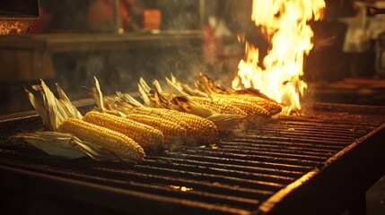 Grilled corn on a street food stall at night with flames