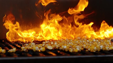 Grilled corn on fire, flames, metal grill, cooking outdoors