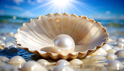 Large Pearl Inside Open Seashell On Sandy Beach With Sparkling Blue Ocean Background and Bright Sunlight