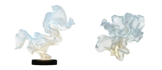 Fototapeta premium Ethereal flowing fabric sculpture with soft blue and yellow hues, illuminated and isolated on transparent background