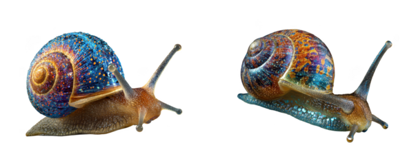 Two iridescent snails with sparkling shells crawl across a transparent background, isolated on transparent background