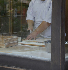 Making of japanese SOBA noodle (Soba cutting process) / 日本そば・手打ちそばのそば切り工程