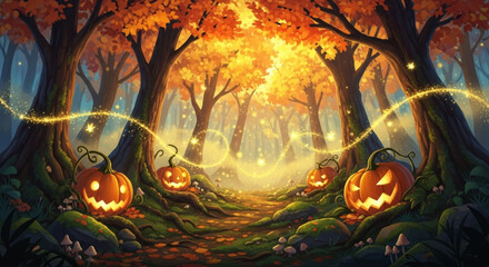 Obraz premium Fantasy Enchanted Autumn Forest Illustration.eps