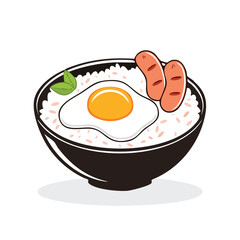 A detailed illustration of a breakfast bowl with rice, a fried egg, and sausages.