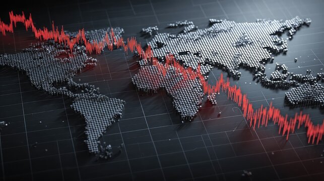 A world map with a declining red line representing an economic recession