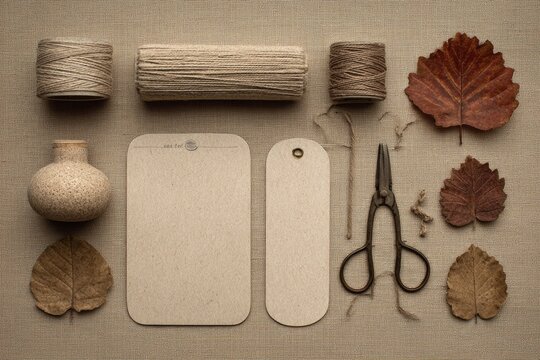 Neutral tones craft supplies, leaves, and tags