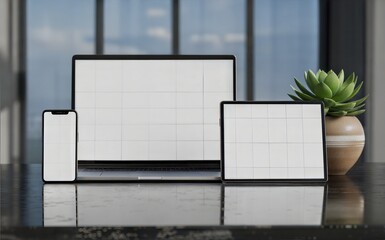 Modern device mockup of a laptop, tablet, and smartphone with blank screens for responsive design, placed on a reflective desk in a contemporary office setting.
