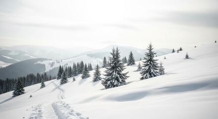 Snowy Mountain Landscape with Evergreen Trees, Winter Scene, Serene Atmosphere.