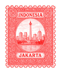 vintage postage stamp depicts jakarta - indonesia (sketch drawing)