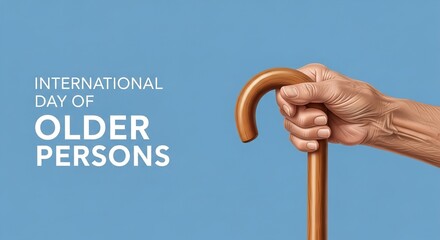 Hand holding walking cane celebrates International Day of Older Persons with care and support isolated on blue background ai 