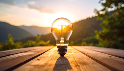 Illuminated Lightbulb At Sunset On Wooden Table In Natural Landscape