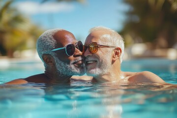 Happy senior multiracial gay male couple kissing in a swimming pool during summer vacation. Candid inclusive image of two senior homosexual men in love. age inclusion and racial, Generative AI