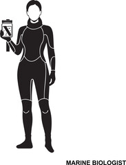 Vector art of silhouette of a female marine biologist in a wetsuit holding a tablet