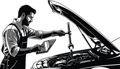 Mechanic uses tablet and wrench fixing car engine under hood