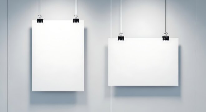 Two blank white posters hang on a wall with clips, perfect for showcasing your art or advertisements.