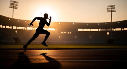 Dynamic sprinter races towards victory on track at golden hour stadium, capturing peak athletic performance and triumph.
