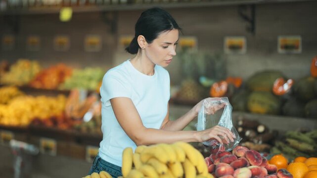 Woman stands in a supermarket near a bountiful fruit counter and chooses a flat peach.