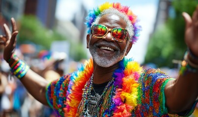 Happy senior gay African American black man dancing at the Pride parade in New York City. Celebrating inclusion and diversity during NYC Pride Month with colorful rainbow LGBTQ+, Generative AI