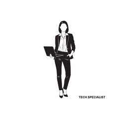 Vector art of silhouette of a female team specialist holding a laptop
