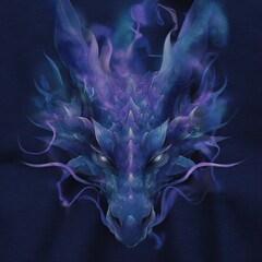 Fototapeta premium A mystical, ethereal dragon head with blue and purple hues emerges from a dark background, creating a fantasy-inspired visual effect.
