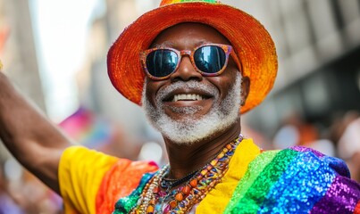 Happy senior gay African American black man dancing at the Pride parade in New York City. Celebrating inclusion and diversity during NYC Pride Month with colorful rainbow LGBTQ+, Generative AI