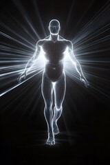 Luminous wireframe man walking towards light