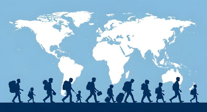 International Migrants Day Global Migration People Moving Across the World Map, Silhouette of Travelers with Luggage