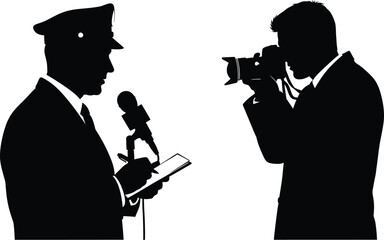 Political press conference with reporter and photographer team
