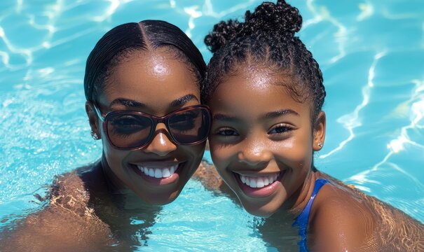 Happy smiling black African American mother and daughter swimming together during their summer vacation holiday. Joyful family moment spent in the pool, Generative AI