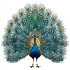 A vibrant peacock displays its colorful plumage with intricate eye patterns in full fan.