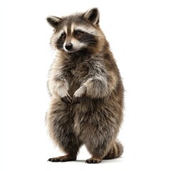 Fototapeta premium A raccoon standing upright on a white background, showcasing its distinctive fur and mask-like facial markings.