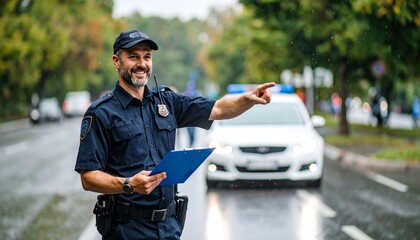 Traffic Control Officer Directing Vehicles on a Wet Road - Ensuring Safety and Order