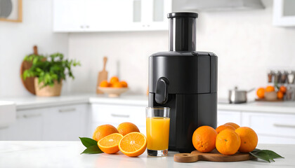 Juicer with Oranges on a White Table in a Bright Kitchen with a Glass of Freshly Squeezed Orange Juice