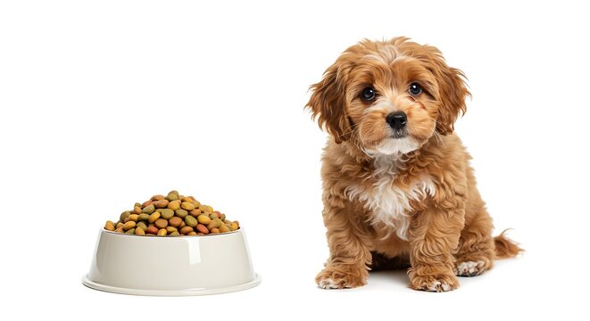 Adorable Puppy Beside a Bowl of Dog Food on White Background
