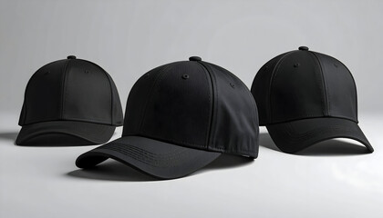 Three Black Baseball Caps Arranged On A White Background Studio Shot Displaying Fashion And Design