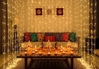 Photo of festive diwali home decor featuring lights, candles, and marigolds creating a warm and inviting atmosphere for the celebration of the festival