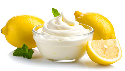 Fresh Creamy Dessert In Glass Bowl Surrounded By Vibrant Yellow Lemons And Green Mint Leaves Against White Background