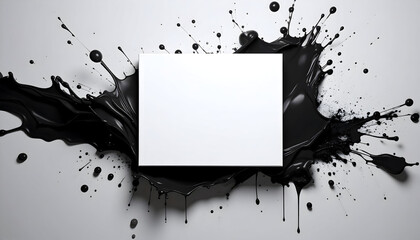 Black Ink Splatter Surrounding A White Square On A Light Grey Background