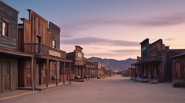 Wild West saloon ghost town empty street, wooden facades, twilight glow, nostalgic desert vibe, fine art photo style