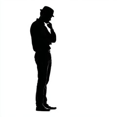 A silhouette of a person standing in profile with a thoughtful pose, isolated on a white background.